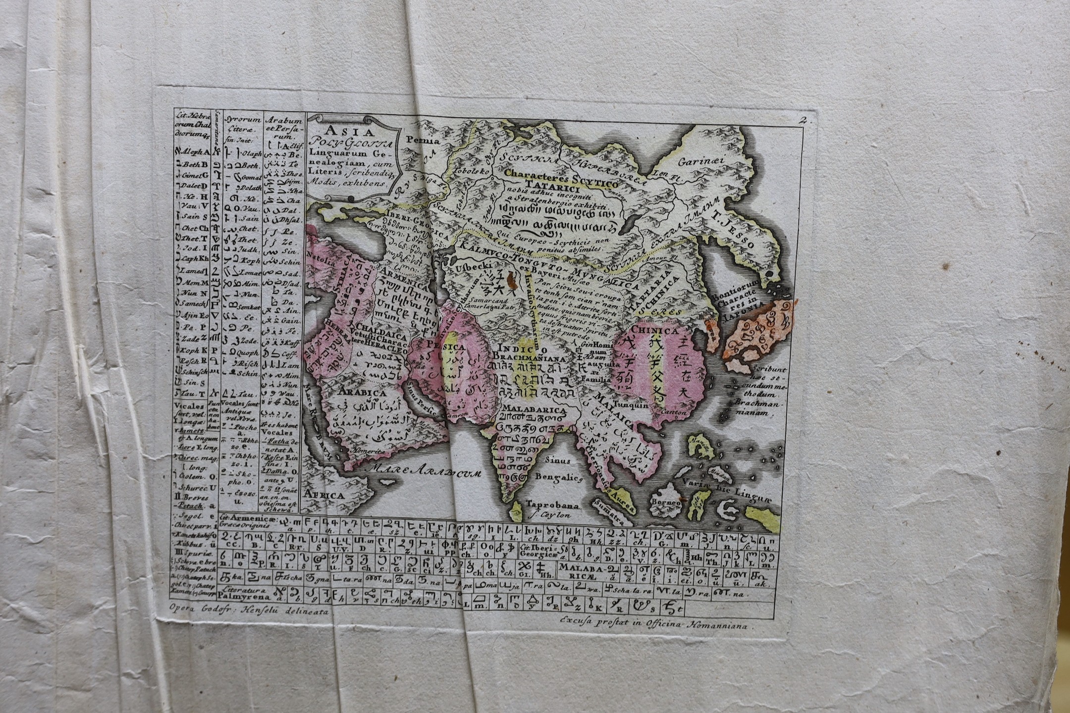Godofredo Henselio [i.e., Gottfried Hensel], Scholae A. C. ap. Hirschb, four mappae geographico-polyglottae, in various languages and scripts, Nuremburg: Homann Heirs, 1741. and another map of Europe
